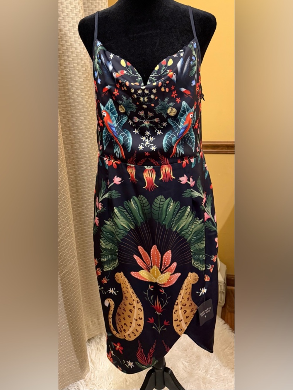 Averie NWT Navy Tropical Parrot & Leopard Strapless Dress
